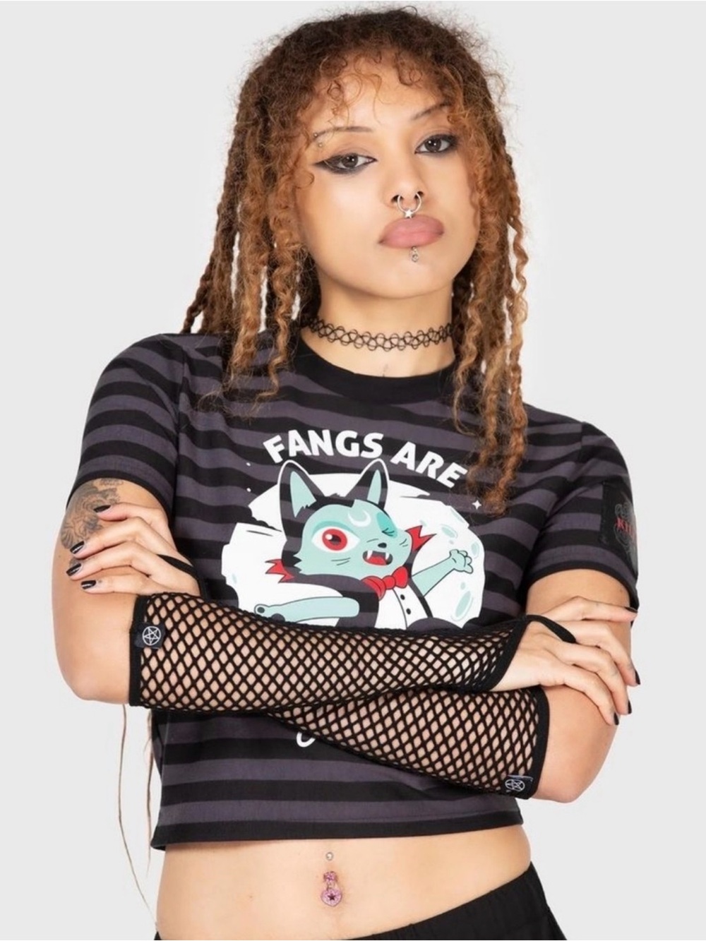 BNWT Killstar Black & Gray Striped “fangs are fangtastic”Crop Top
